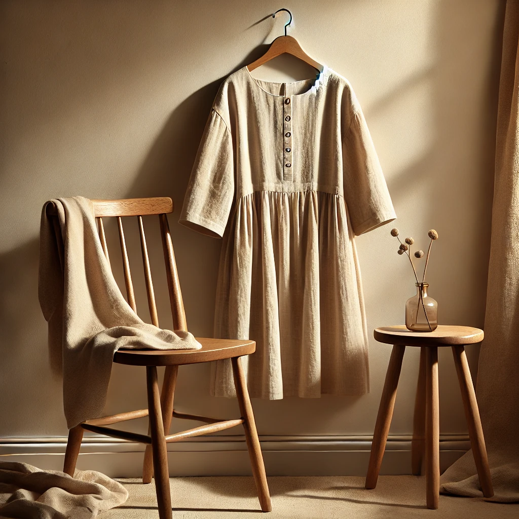 Elegant restored vintage linen dress in soft neutral tones